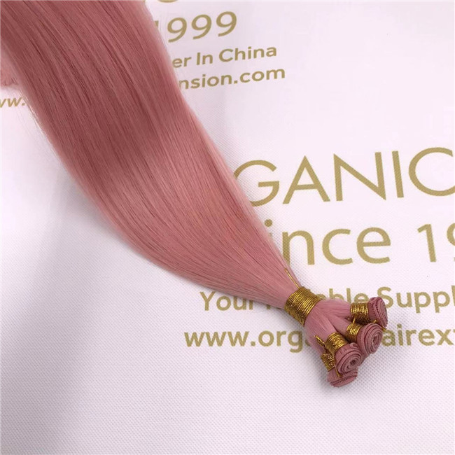 Wholesale human remy hand tied weft hair extensions customized color light pink X393